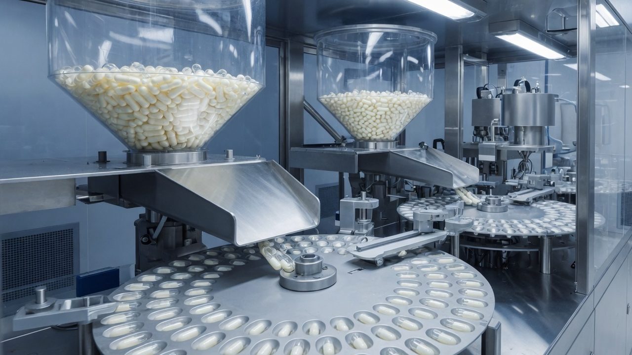 Automatic capsule filling machine with ivory capsules in stainless hoppers.