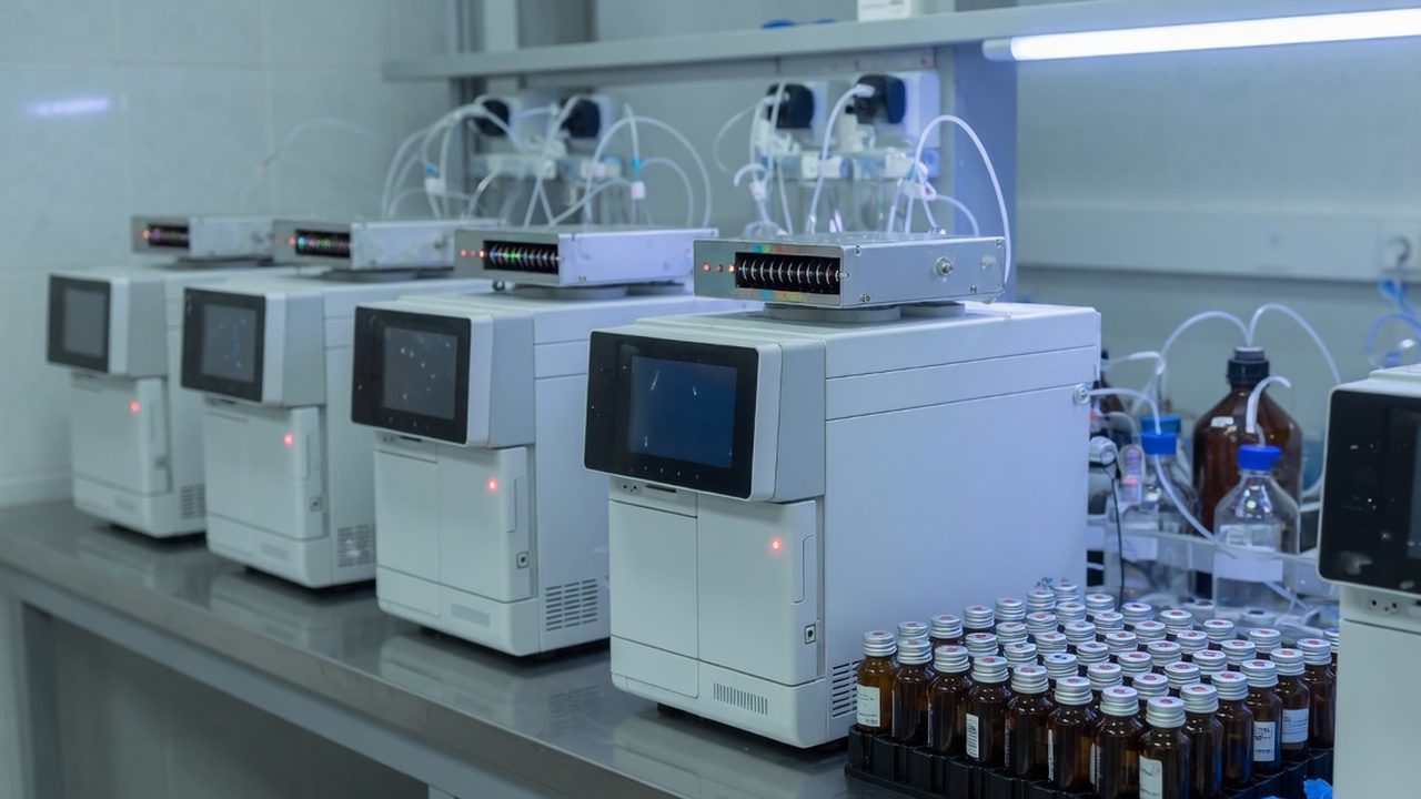 Row of HPLC instruments on a stainless laboratory bench.