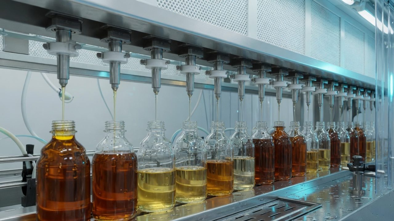 Pharmaceutical liquid filling line with unlabelled glass bottles.