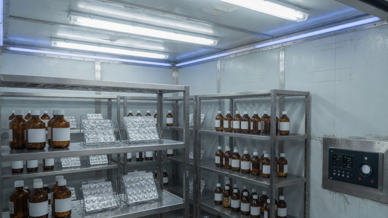 Walk-in stability chamber with sample racks of bottles and blisters.